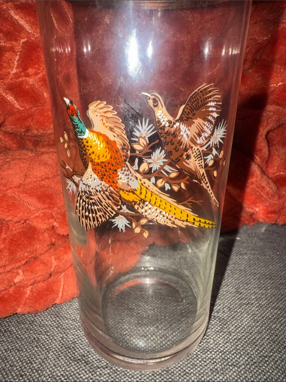 VINTAGE Mid-Century Golden Pheasant Glass Pitcher Barware MCM Gold Rim Hunting L